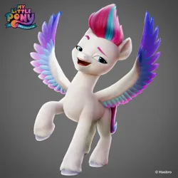 Size: 1440x1440 | Tagged: safe, artist:borja l-galiano, derpibooru import, official, part of a set, zipp storm, pegasus, pony, g5, my little pony: a new generation, 3d, colored wings, concept art, eyebrows, female, fluffy, gradient background, hasbro, image, jpeg, lidded eyes, logo, looking at you, mare, multicolored wings, my little pony logo, open mouth, open smile, raised eyebrow, raised hoof, raised leg, smiling, solo, spread wings, standing on two hooves, teeth, three quarter view, unshorn fetlocks, wings