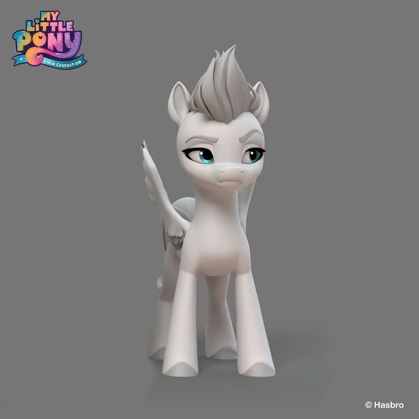 Size: 1440x1440 | Tagged: safe, artist:borja l-galiano, derpibooru import, official, part of a set, zipp storm, pegasus, pony, g5, my little pony: a new generation, 3d, concept art, eyebrows, female, frown, gray background, hasbro, hooves, image, jpeg, lidded eyes, looking sideways, mare, my little pony logo, raised eyebrow, simple background, solo, spread wings, standing, wings