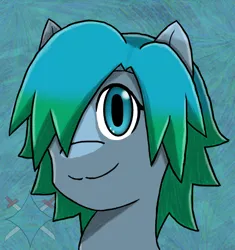Size: 654x696 | Tagged: safe, artist:a.f blade kido, derpibooru import, oc, oc:vitalis statera, earth pony, pony, blue eyes, blue mane, covered eyes, detailed background, detailed eyes, green mane, image, multicolored coat, multicolored hair, png, shading