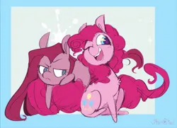 Size: 2832x2048 | Tagged: safe, artist:urbanqhoul, derpibooru import, pinkie pie, earth pony, pony, blue background, chest fluff, duality, duo, duo female, female, frown, g4, heart, heart eyes, high res, image, jpeg, mare, one eye closed, open mouth, open smile, passepartout, pinkamena diane pie, signature, simple background, smiling, wingding eyes