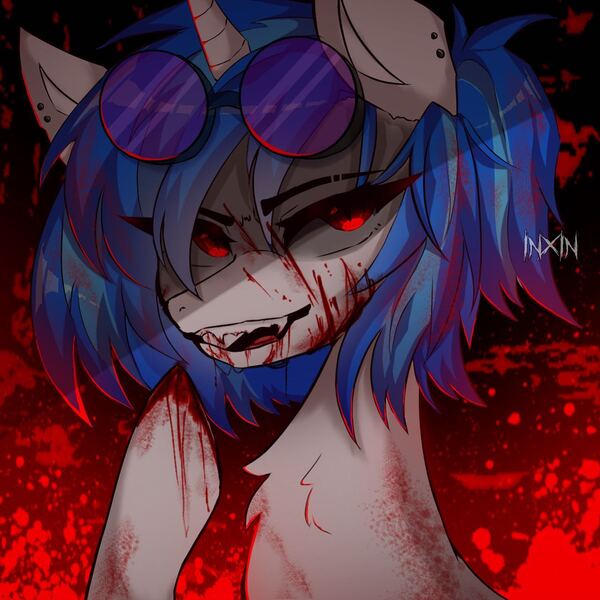 Size: 1280x1280 | Tagged: semi-grimdark, artist:inxinfate, derpibooru import, vinyl scratch, pony, unicorn, blood, blood on face, blood stains, chest fluff, ear piercing, evil grin, fangs, female, g4, gradient background, grin, horn, image, jpeg, looking at you, mare, piercing, signature, smiling, solo, vinyl's glasses