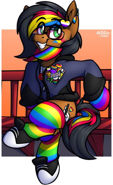 Size: 1000x1637 | Tagged: safe, artist:notetaker, derpibooru import, oc, oc:notetaker, unofficial characters only, earth pony, pony, abstract background, bench, clothes, converse, ear piercing, fake cutie mark, glasses, hair dye, hoodie, image, nonbinary, pansexual pride flag, pentagram, piercing, pins, png, pride, pride flag, pride socks, rainbow socks, shoes, socks, solo, striped socks, trans rights, transgender pride flag