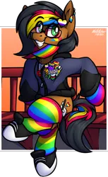 Size: 1000x1637 | Tagged: safe, artist:notetaker, derpibooru import, oc, oc:notetaker, unofficial characters only, earth pony, pony, abstract background, bench, clothes, converse, ear piercing, fake cutie mark, glasses, hair dye, hoodie, image, nonbinary, pansexual pride flag, pentagram, piercing, pins, png, pride, pride flag, pride socks, rainbow socks, shoes, socks, solo, striped socks, trans rights, transgender pride flag