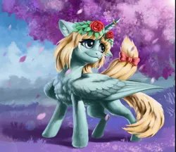Size: 2302x1986 | Tagged: artist needed, safe, derpibooru import, oc, oc:leek, alicorn, pony, bow, chest fluff, ear fluff, female, floral head wreath, flower, flower in hair, fluffy, folded wings, hair bow, horn, horn ring, image, jewelry, mare, png, ring, solo, solo female, wings