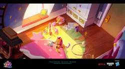 Size: 1440x794 | Tagged: safe, artist:veronica alvarez, derpibooru import, applejack, rainbow dash, sunny starscout, earth pony, pony, g5, my little pony: a new generation, spoiler:my little pony: a new generation, ball, bed, bedroom, book, concept art, day, doodle, female, filly, filly sunny starscout, foal, image, indoors, jpeg, looking at something, loop-de-hoop, misspelling, solo, toy, wardrobe, window, younger