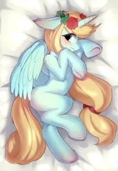 Size: 1418x2063 | Tagged: safe, artist:silver fox, derpibooru import, oc, oc:leek, unofficial characters only, alicorn, pony, alicorn oc, bed, bedsheets, blushing, bow, female, floppy ears, floral head wreath, flower, flower in hair, fluffy, hair bow, horn, image, looking at you, mare, on bed, png, solo, underhoof, wings