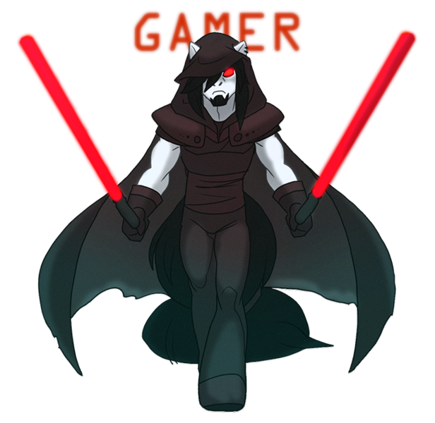 Size: 697x679 | Tagged: safe, artist:thegamercolt, derpibooru import, oc, oc:thegamercolt, unofficial characters only, anthro, arctic earth pony, big tail, cloak, clothes, image, lightsaber, may the fourth be with you, png, red eyes, simple background, sith, solo, star wars, tail, weapon