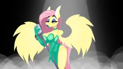Size: 1280x720 | Tagged: safe, artist:lil miss jay, derpibooru import, fluttershy, anthro, pegasus, breasts, choker, clothes, cocktail dress, evening gloves, eyeshadow, gloves, green dress, hips, image, lipstick, long gloves, makeup, microphone, music video, png, side slit, wings