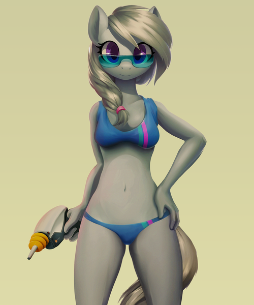 Size: 2500x3000 | Tagged: questionable, artist:darkdoomer, derpibooru import, silver spoon, anthro, breasts, clothes, image, laser pistol, older, png, reasonably sized breasts, swimsuit