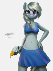 Size: 2400x3200 | Tagged: safe, artist:darkdoomer, derpibooru import, silver spoon, anthro, apron, bra, braid, breasts, clothes, digital art, image, laser pistol, looking at you, older, png, reasonably sized breasts, underwear