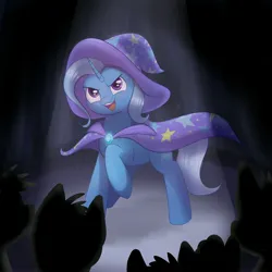 Size: 4724x4724 | Tagged: safe, artist:azilluwu, derpibooru import, trixie, pony, unicorn, absurd resolution, female, furrowed brow, g4, horn, image, jpeg, mare, open mouth, open smile, silhouette, smiling, solo focus, spotlight