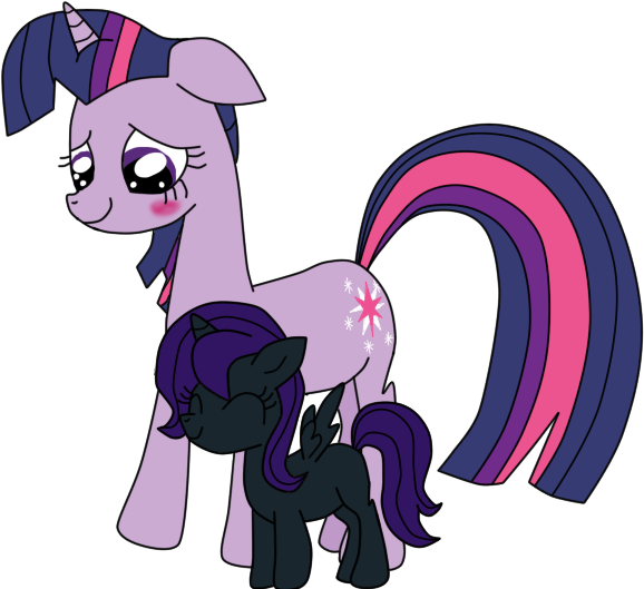 Size: 578x529 | Tagged: safe, artist:tamatendo, derpibooru import, twilight sparkle, oc, oc:nyx, alicorn, pony, unicorn, fanfic:past sins, adopted daughter, adopted offspring, alicorn oc, blushing, duo, duo female, female, females only, filly, filly oc, foal, horn, image, link in description, mare, mother and child, mother and daughter, png, simple background, spread wings, story included, unicorn twilight, white background, wings