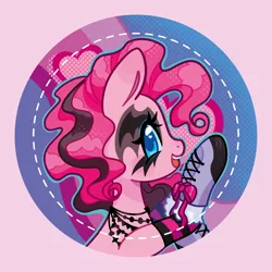 Size: 2084x2084 | Tagged: safe, derpibooru import, pinkie pie, earth pony, pony, badge, boots, clothes, collar, dyed mane, emo, eyeshadow, g4, goth, gothic, halftone, image, jewelry, looking at you, makeup, png, ponymania, shoes, simple background, socks, solo, stockings, thigh highs
