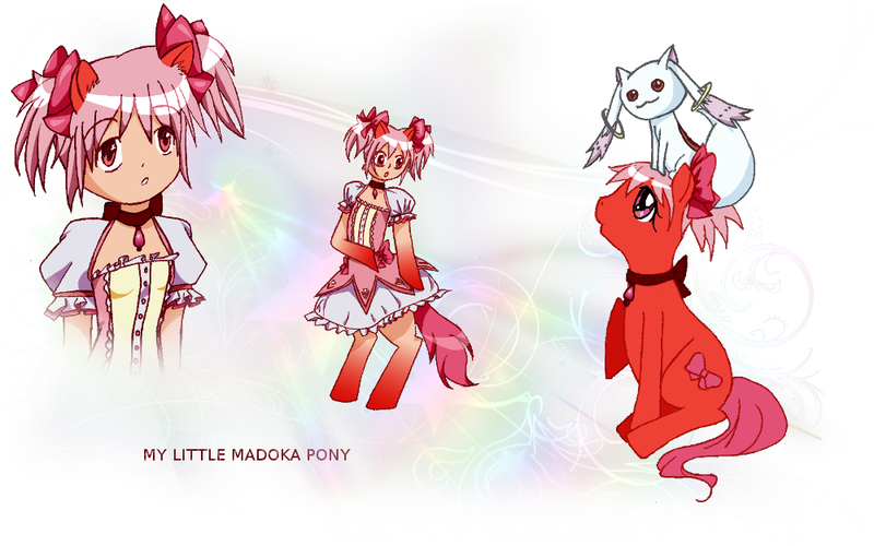 Size: 1000x625 | Tagged: safe, artist:laura8397, derpibooru import, ponified, earth pony, human, pony, bow, female, human to pony, image, incubator (species), kyubey, madoka kaname, magical girl, png, puella magi madoka magica, sitting on, sitting on person, sitting on pony, transformation, transformation sequence