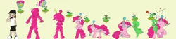 Size: 5158x1163 | Tagged: safe, artist:chaos-force, derpibooru import, pinkie pie, earth pony, human, pony, slug, hat, high res, human to pony, hypno eyes, hypnosis, image, paint, paint bucket, party hat, party horn, png, riding, riding a pony, simple background, transformation, transformation sequence