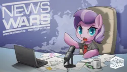 Size: 1600x900 | Tagged: safe, artist:darkdoomer, derpibooru import, diamond tiara, oc, oc:anonfilly, earth pony, pony, actual conspiracy, alex jones, computer, conspiracy theory, female, filly, foal, image, jpeg, laptop computer, looking at you, meme, microphone, mug, news channel, nwo, open mouth, paper, solo, television logo