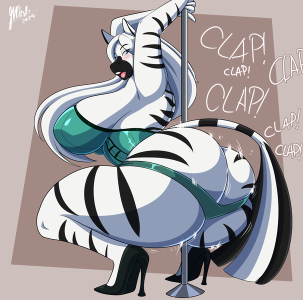 Size: 1644x1629 | Tagged: questionable, artist:jaywnk23, derpibooru import, oc, anthro, zebra, anthro oc, big breasts, breasts, broken spine, butt, butt clapping, clothes, female, high heels, huge breasts, huge butt, image, large butt, onomatopoeia, png, pole dancing, shoes, solo, solo female, sound effects, stripper pole, twerking, wasp waist, zebra oc