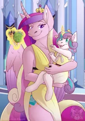 Size: 1611x2287 | Tagged: safe, artist:grumpygriffcreation, derpibooru import, princess cadance, princess flurry heart, alicorn, anthro, clothes, dress, female, image, mother and child, mother and daughter, png, side slit, toy