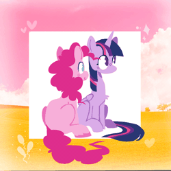 Size: 1238x1231 | Tagged: safe, artist:koidial, derpibooru import, pinkie pie, twilight sparkle, twilight sparkle (alicorn), alicorn, earth pony, pony, animated, behaving like a cat, blushing, bunting, cute, duo, duo female, female, folded wings, g4, gif, heart, horn, image, lesbian, mare, shipping, sitting, smiling, tail, tail wag, twinkie, wings