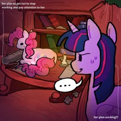 Size: 1080x1080 | Tagged: safe, artist:koidial, derpibooru import, pinkie pie, twilight sparkle, twilight sparkle (alicorn), alicorn, earth pony, pony, ..., arrow, behaving like a cat, book, candle, duo, duo female, female, g4, golden oaks library, horn, image, jpeg, lesbian, library, lying down, mare, paper, ponyloaf, prone, quill, shipping, sweat, text, twinkie