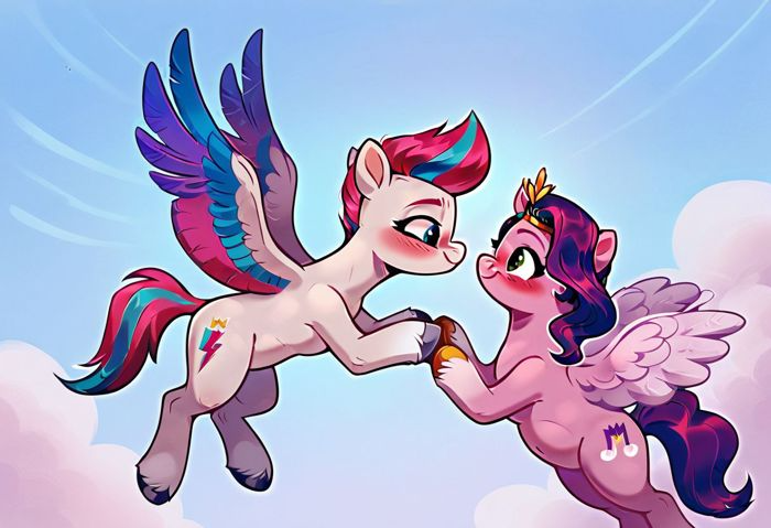 Size: 700x479 | Tagged: safe, ai content, anonymous prompter, derpibooru import, machine learning generated, stable diffusion, pipp petals, zipp storm, pegasus, pony, g5, abdominal bulge, blushing, chubby, cloud, cloudy, duo, duo female, female, flying, generator:pony diffusion v6 xl, holding hooves, image, incest, lesbian, looking at each other, looking at someone, mare, physique difference, pipp is chubby, plump, png, round belly, royal sisters (g5), ship:petalstorm, shipping, siblings, sisters, sky, wings