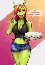 Size: 2153x3150 | Tagged: safe, artist:blackblood-queen, derpibooru import, oc, oc:margarite mix, unofficial characters only, anthro, earth pony, pony, unguligrade anthro, alcohol, anthro oc, breasts, busty oc, clothes, commission, cup, denim, denim shorts, dialogue, digital art, drink, earth pony oc, eyeshadow, female, glass, image, innuendo, jewelry, makeup, mare, necklace, one eye closed, png, shorts, smiling, solo, speech bubble, tanktop