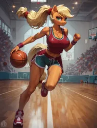 Size: 1792x2352 | Tagged: safe, ai content, derpibooru import, machine learning generated, stable diffusion, applejack, anthro, earth pony, plantigrade anthro, basketball, breasts, busty applejack, image, png, prompter:neondash, sports