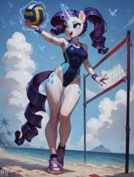 Size: 1792x2352 | Tagged: suggestive, ai content, derpibooru import, machine learning generated, stable diffusion, rarity, anthro, unicorn, horn, image, magic, png, prompter:neondash, sports, volleyball