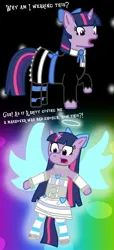 Size: 632x1390 | Tagged: safe, artist:princess-paige-place-of-fun, derpibooru import, twilight sparkle, angel pony, original species, pony, unicorn, anarchy stocking, angel, angelic wings, bipedal, bow, clothes, confused, crossover, dialogue, dress, female, goth, gothic lolita, hair bow, halo, heart, high heels, horn, image, jpeg, lolita fashion, looking down, mare, panty and stocking with garterbelt, raised hoof, shocked, shoes, skirt, socks, stockinglight, stockings, text, thigh highs, unicorn twilight, wings
