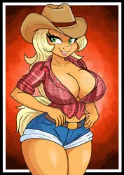 Size: 1240x1754 | Tagged: suggestive, artist:rekheadz, derpibooru import, applejack, anthro, earth pony, absolute cleavage, applejack's hat, belt, belt buckle, big breasts, breasts, busty applejack, cleavage, clothes, cowboy hat, curvy, daisy dukes, female, gradient background, hands on waist, hat, huge breasts, image, looking at you, open clothes, open mouth, open shirt, png, red background, shorts, simple background, solo, solo female, wide hips
