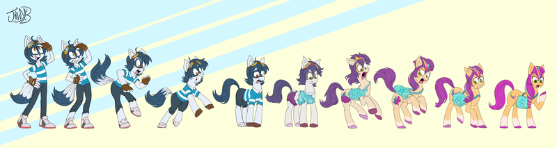 Size: 11966x3179 | Tagged: safe, artist:jowybean, derpibooru import, sunny starscout, oc, earth pony, pony, g5, abstract background, absurd resolution, clothes, furry to pony, image, non-mlp oc, png, transformation, transformation sequence, transforming clothes, transgender transformation