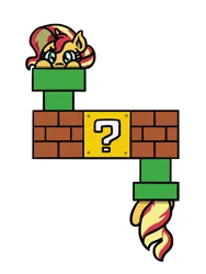 Size: 1350x1800 | Tagged: safe, artist:flutterluv, derpibooru import, sunset shimmer, pony, unicorn, ? block, g4, horn, image, jpeg, peeking, pipe, pipe (plumbing), ponified animal video, simple background, solo, super mario bros., warp pipe, white background