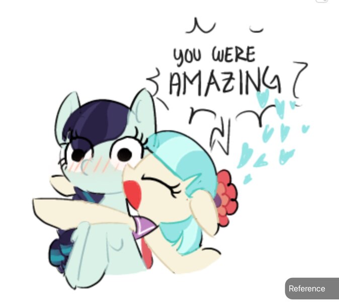 Size: 1438x1280 | Tagged: safe, artist:appledash3r_, derpibooru import, coco pommel, coloratura, earth pony, pony, blue coat, blue mane, blushing, bobcut, braid, braided ponytail, bust, cocobetes, cream coat, cute, dialogue, duo, duo female, eyelashes, eyes closed, female, floating heart, flower, flower in hair, g4, heart, hug, image, jpeg, lesbian, long mane, mare, no catchlights, open mouth, ponytail, profile, raised hoof, raised hooves, rarabetes, requested art, ship:cocotura, shipping, short hair, short mane, simple background, speech bubble, talking, text, tied mane, two toned mane, white background, wide eyes, yelling