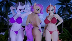 Size: 5760x3240 | Tagged: suggestive, artist:hunterz263, derpibooru import, oc, oc:hazel radiate, oc:magni melody, oc:quick draw, oc:quickdraw, unofficial characters only, anthro, plantigrade anthro, unicorn, 3d, 5k, belly button, bikini, bikini bottoms, bikini top, blender, breasts, butt, cleavage, clothes, coat markings, commission, commissioner:dhs, female, females only, freckles, horn, image, looking at you, looking back, looking back at you, nexgen, night, not sfm, outdoors, palm tree, png, sexy, smiling, socks (coat marking), source filmmaker, stars, swimsuit, tree, trio, trio female, tropical, water, ych result