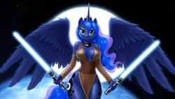 Size: 1920x1088 | Tagged: suggestive, ai content, derpibooru import, machine learning generated, novelai, prompter:tychotma-1, stable diffusion, princess luna, alicorn, anthro, absolute cleavage, big breasts, bottomless, breasts, cleavage, clothes, cutie mark, dual wield, female, g4, horn, image, jedi, jewelry, lightsaber, loincloth, may the fourth be with you, moon, no panties, partial nudity, planet, png, regalia, robe, smiling, solo, solo female, space, star wars, weapon, wide hips, wings
