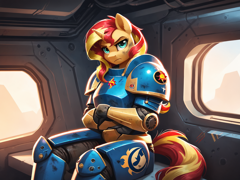 Size: 2048x1536 | Tagged: safe, ai content, derpibooru import, machine learning generated, prompter:demose, stable diffusion, sunset shimmer, anthro, angry, armor, crossed arms, dirty, g4, generator:pony diffusion v6 xl, image, looking at you, png, power armor, scowl, sitting, space marine, vehicle, warhammer (game), warhammer 40k