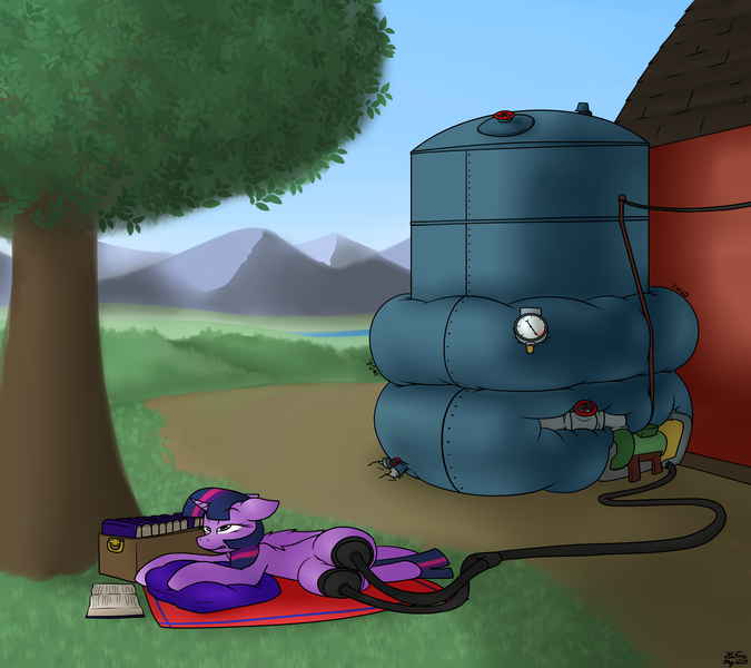 Size: 3600x3200 | Tagged: questionable, artist:the-furry-railfan, derpibooru import, part of a set, twilight sparkle, twilight sparkle (alicorn), alicorn, barn, big crotchboobs, blanket, book, commission, crotchboobs, farm, image, inflation, malfunction, milking machine, mountain, mountain range, nudity, onomatopoeia, outdoors, pillow, png, sequence, sleepy, sweet apple acres, tank (container), tree, waking up