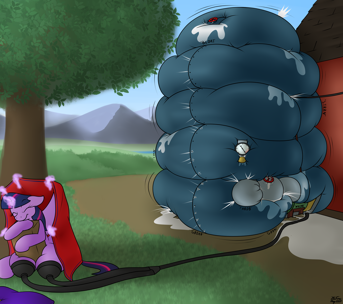 Size: 3600x3200 | Tagged: questionable, artist:the-furry-railfan, derpibooru import, part of a set, twilight sparkle, twilight sparkle (alicorn), alicorn, pony, barn, big crotchboobs, blanket, book, commission, crotchboobs, eyes closed, farm, hose, huge crotchboobs, image, imminent explosion, inflation, leaking, leaking milk, magic, malfunction, milking machine, mountain, mountain range, nudity, onomatopoeia, outdoors, panic, pillow, png, pump, sequence, sweet apple acres, taking cover, tank (container), telekinesis, tree, valve