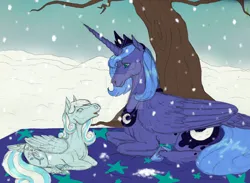 Size: 1045x764 | Tagged: safe, artist:moondeer1616, derpibooru import, princess luna, oc, oc:snowdrop, alicorn, pegasus, pony, blanket, deviantart watermark, duo, female, filly, foal, image, jewelry, jpeg, mare, obtrusive watermark, realistic, regalia, s1 luna, sky, snow, snowfall, tree, watermark, young luna