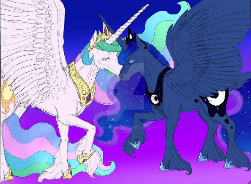 Size: 1042x767 | Tagged: safe, artist:moondeer1616, derpibooru import, princess celestia, princess luna, alicorn, pony, deviantart watermark, duo, duo female, female, gradient background, headcanon in the description, horn, horns are touching, image, jewelry, jpeg, mare, obtrusive watermark, raised hoof, realistic, regalia, watermark