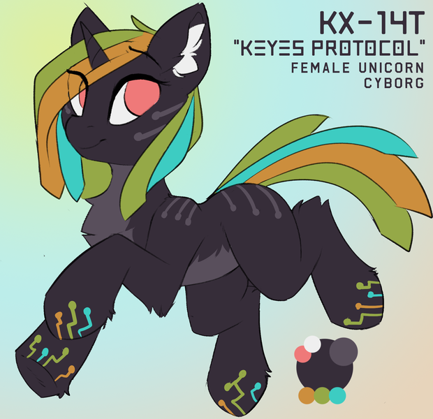 Size: 1893x1831 | Tagged: safe, artist:beardie, derpibooru import, oc, oc:keyes protocol "kx-14t", cyborg, cyborg pony, pony, unicorn, female, horn, image, png, reference sheet, robotic legs, solo, solo female, unicorn oc