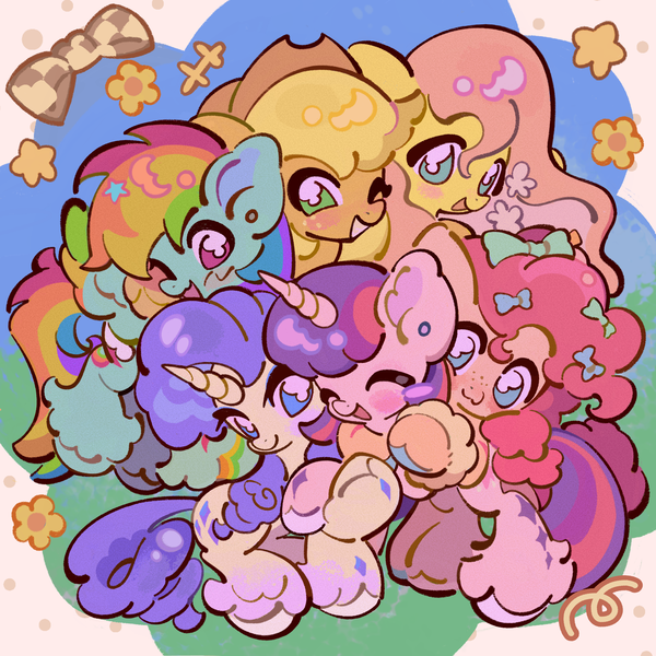 Size: 3450x3450 | Tagged: safe, artist:yanyannonoz, derpibooru import, applejack, fluttershy, pinkie pie, rainbow dash, rarity, twilight sparkle, earth pony, pegasus, pony, unicorn, abstract background, blue eyes, blushing, bow, ear piercing, earring, eyes closed, female, floppy ears, flower, freckles, g4, green eyes, hair accessory, hair bow, horn, hug, image, jewelry, mane six, mare, one eye closed, open mouth, open smile, piercing, pink eyes, png, smiling, unicorn twilight, unshorn fetlocks, wingding eyes