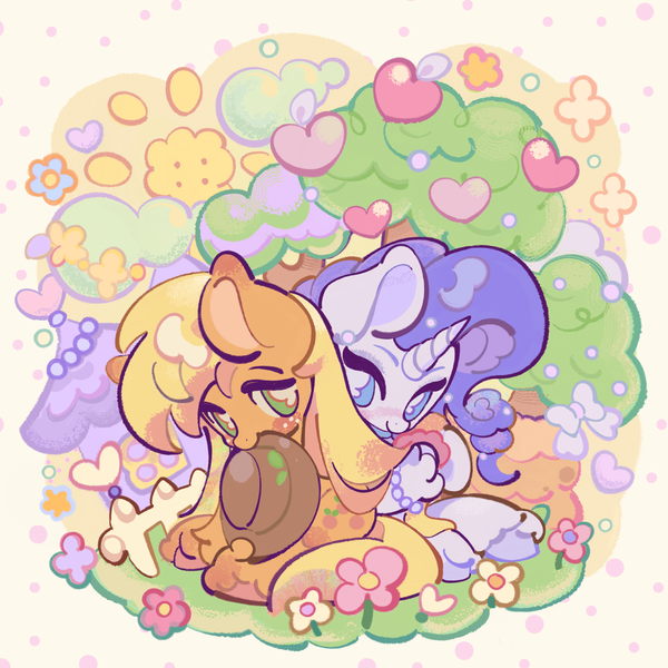 Size: 4000x4000 | Tagged: safe, artist:yanyannonoz, derpibooru import, applejack, rarity, earth pony, pony, unicorn, alternate hairstyle, applejack's hat, blue eyes, bow, bracelet, bubble, building, colored eartips, colored hooves, colored pinnae, cowboy hat, cute, duo, duo female, ear piercing, earring, female, fence, flower, freckles, g4, grass, green eyes, hair, hat, heart, holding, horn, image, jackabetes, jewelry, lesbian, long mane, looking at each other, looking at someone, mare, mouth hold, multicolored eyes, piercing, png, purple mane, raribetes, rarijack, shipping, sitting, smiling, sun, tail, tree, unshorn fetlocks, wavy mane, wingding eyes, yellow mane, yellow tail