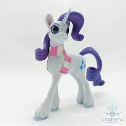 Size: 2560x2560 | Tagged: safe, artist:lakterra, derpibooru import, rarity, pony, unicorn, clothes, craft, female, figurine, g4, horn, image, irl, jpeg, mare, photo, polymer clay, scarf, signature, simple background, solo, striped scarf, tail, unshorn fetlocks, white background