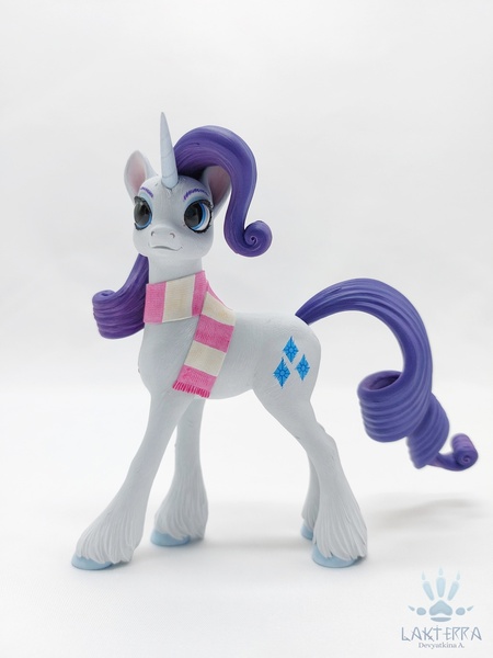 Size: 1620x2160 | Tagged: safe, alternate angle, alternate version, artist:lakterra, derpibooru import, rarity, pony, unicorn, clothes, craft, female, figurine, g4, horn, image, irl, jpeg, mare, photo, polymer clay, scarf, signature, simple background, solo, striped scarf, tail, unshorn fetlocks, white background
