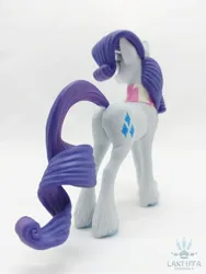 Size: 1620x2160 | Tagged: safe, alternate angle, alternate version, artist:lakterra, derpibooru import, rarity, pony, unicorn, butt, clothes, craft, female, figurine, g4, horn, image, irl, jpeg, mare, photo, plot, polymer clay, rear view, scarf, signature, simple background, solo, striped scarf, tail, unshorn fetlocks, white background