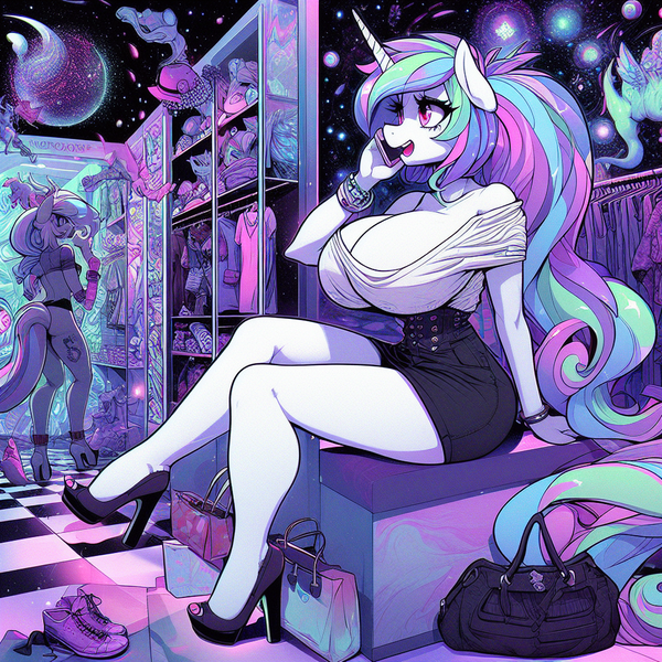 Size: 1024x1024 | Tagged: suggestive, ai content, derpibooru import, machine learning generated, oc, anthro, unicorn, adorasexy, bag, bare shoulders, big breasts, breasts, busty oc, cleavage, clothes, clothes rack, curvy, cute, female, handbag, high heels, horn, hourglass figure, huge breasts, image, long hair, mobile phone, phone, png, ponytail, prompter:horselover fat, purse, sexy, shelves, shirt, shoes, shopping, shopping bag, shorts, shoulderless, sitting, stupid sexy oc, surreal, talking on phone, tiled floor, unicorn oc, weird