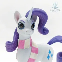 Size: 2560x2560 | Tagged: safe, alternate angle, alternate version, artist:lakterra, derpibooru import, rarity, pony, unicorn, close-up, clothes, craft, female, figurine, g4, horn, image, irl, jpeg, looking at you, mare, photo, polymer clay, scarf, signature, simple background, solo, striped scarf, tail, white background