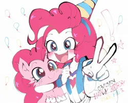 Size: 2100x1690 | Tagged: safe, artist:lulithmark, derpibooru import, pinkie pie, earth pony, human, pony, equestria girls, balloon, blushing, exclamation point, female, g4, happy birthday, hat, hug, human ponidox, image, jpeg, mare, open mouth, open smile, party hat, peace sign, self paradox, self ponidox, simple background, smiling, text, white background