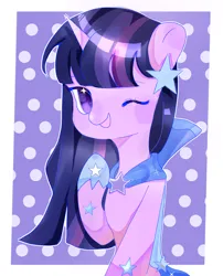 Size: 2250x2787 | Tagged: safe, artist:ling376384, derpibooru import, twilight sparkle, pony, unicorn, cape, clothes, female, hairpin, horn, image, mare, one eye closed, patterned background, png, smiling, wink
